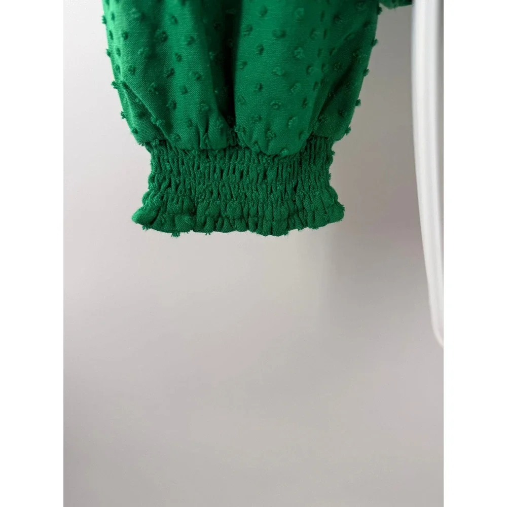 J.Crew Green Dot V-Neck Lined‎ Blouse Smocked Cuff Womens Size Medium NEW
